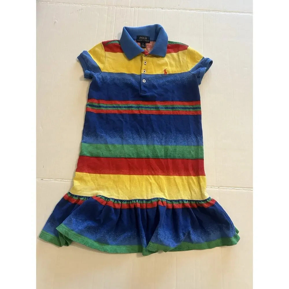 Polo Ralph Lauren Girls Size 6 Dress Multicolored Striped Ruffle Cotton Casual